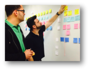 a picture of two men looking at a board full of sticky notes developing a customer journey map