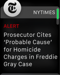 screenshot of an apple watch getting news from the NYTIMES