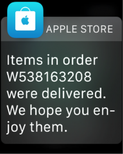 screenshot of an apple watch getting a notification from the apple store about a purchase