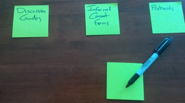 picture of sitcky notes with a black sharpie that has been used to write notes on the sticky notes.