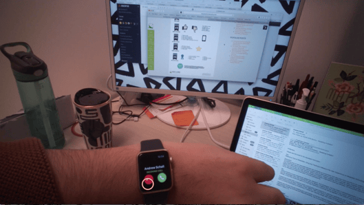 picture of reuslts from an eyetracking device from a first person point of view showing the user looking down at their smart watch, with a focus on the "don't pick up" option on the incoming phonecall