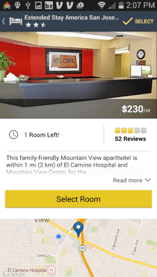 mobile view of an option for selecting a room at an "Extended Stay America