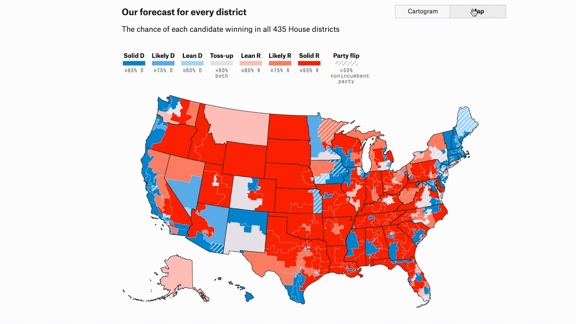 The House Forecast from FiveThirtyEight where the House breakdown is shown on a regular map and a cartogram.