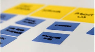 blue and yellow sticky notes on a white paper for card sorting